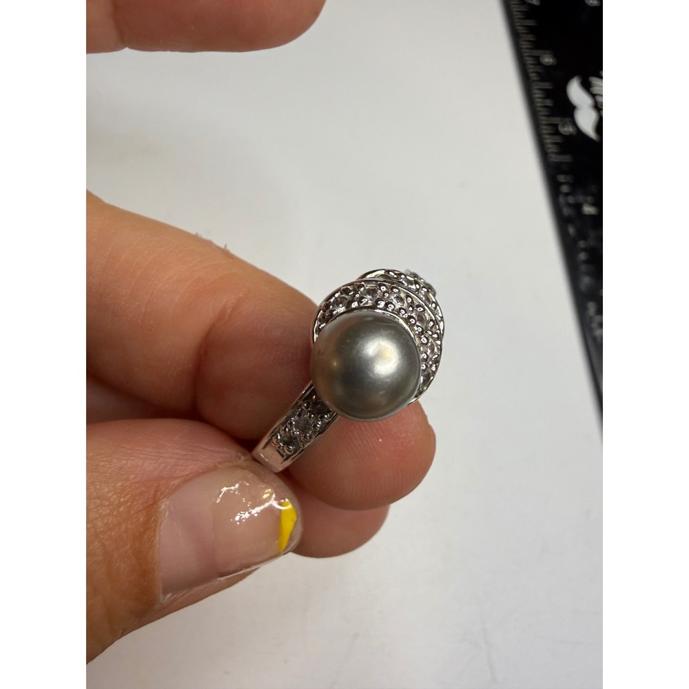Grey Pearl Pavé Bypass Ring Silver Tone Size 10 Cocktail Statement Jewelry